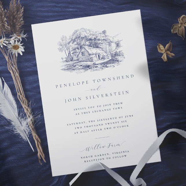 Elegant Rustic Farmhouse Illustration Wedding Invitation (Elegant white wedding invitation with an illustration of a rustic farmhouse)