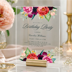 Elegant Rustic Floral Adult Birthday for Her Acrylic Invitations