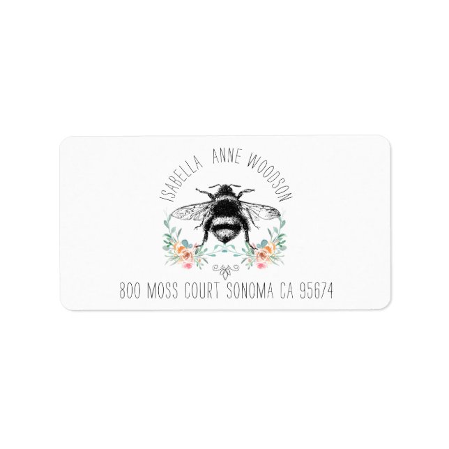 Elegant Rustic Floral Bee Return Address Label (Front)