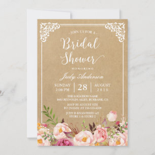 Elegant Rustic Floral Frame Kraft Bridal Shower Invitation