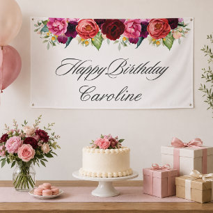 Elegant Rustic Floral Happy Birthday with Name Banner