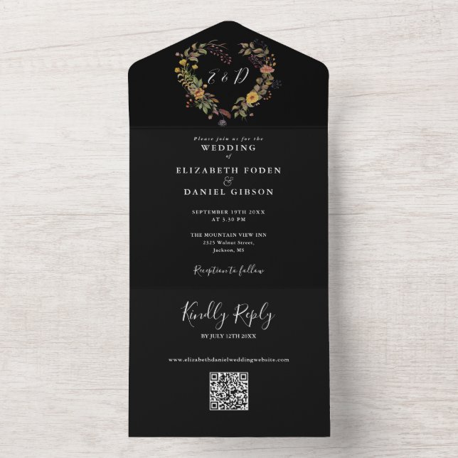Elegant Rustic Floral Heart QR Code Wedding All In One Invitation (Inside)