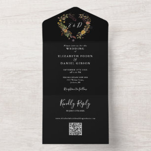 Elegant Rustic Floral Heart QR Code Wedding All In One Invitation