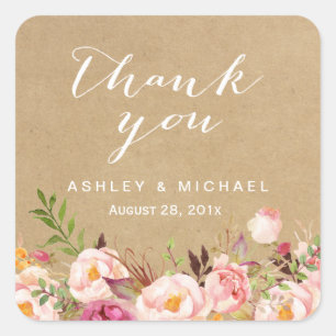 Elegant Rustic Floral Kraft Thank You Square Sticker
