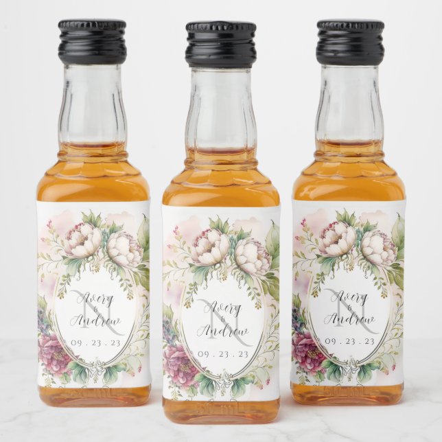 Elegant Rustic Floral Monogram Wedding Liquor Bottle Label (Bottles)