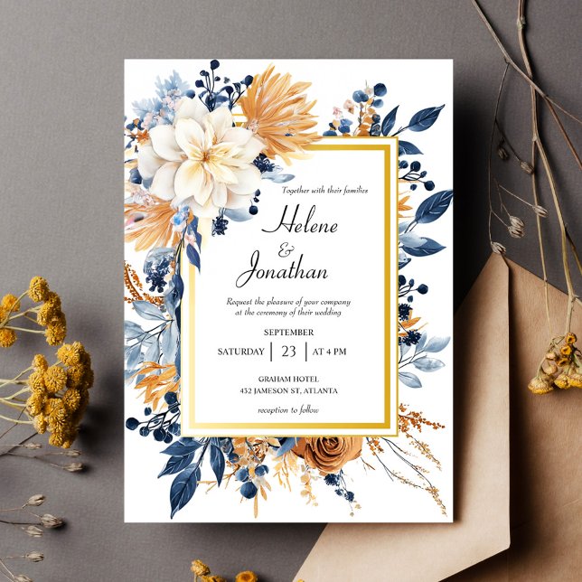 Elegant Rustic Floral Navy Blue Terracotta Wedding Invitation (Elegant Rustic Floral Navy Blue Terracotta Wedding Invitation)