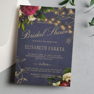 Elegant rustic floral navy burgundy bridal shower invitation