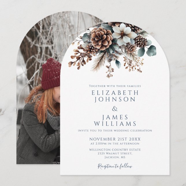 Elegant Rustic Floral Pinecone Photo Wedding Arch Invitation (Front/Back)