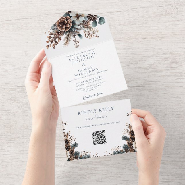 Elegant Rustic Floral Pinecone QR Code Wedding All In One Invitation (Tearaway)