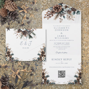 Elegant Rustic Floral Pinecone QR Code Wedding All In One Invitation
