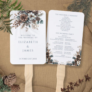 Elegant Rustic Floral Pinecones Wedding Program Hand Fan