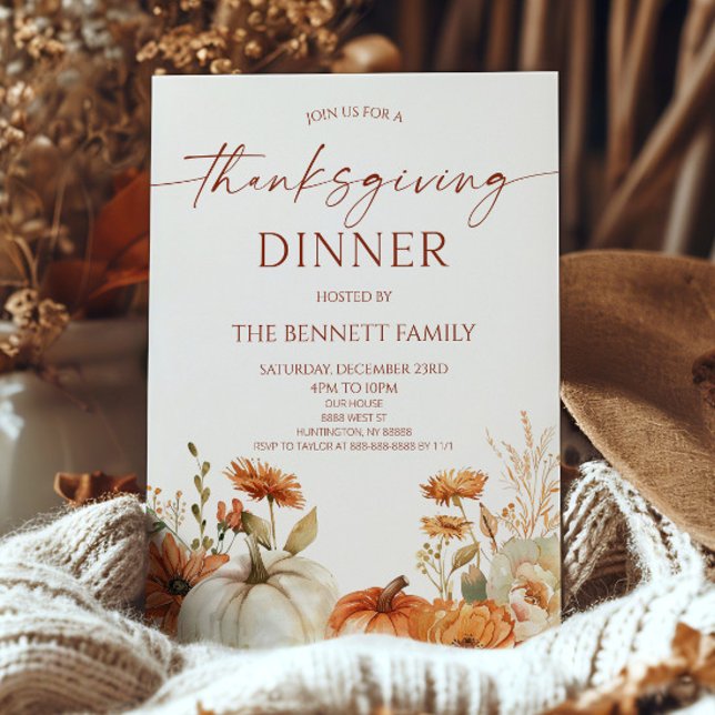 Elegant Rustic Floral Pumpkin Thanksgiving Dinner Invitation (Creator Uploaded)