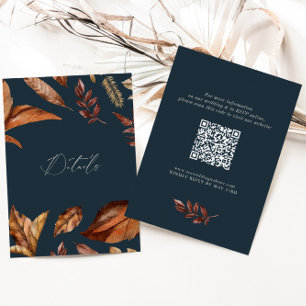Elegant Rustic Floral QR code Wedding Navy Enclosure Card