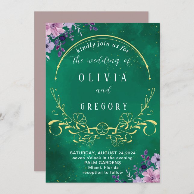 Elegant Rustic Floral  & Royal Green Wedding Invitation (Front/Back)