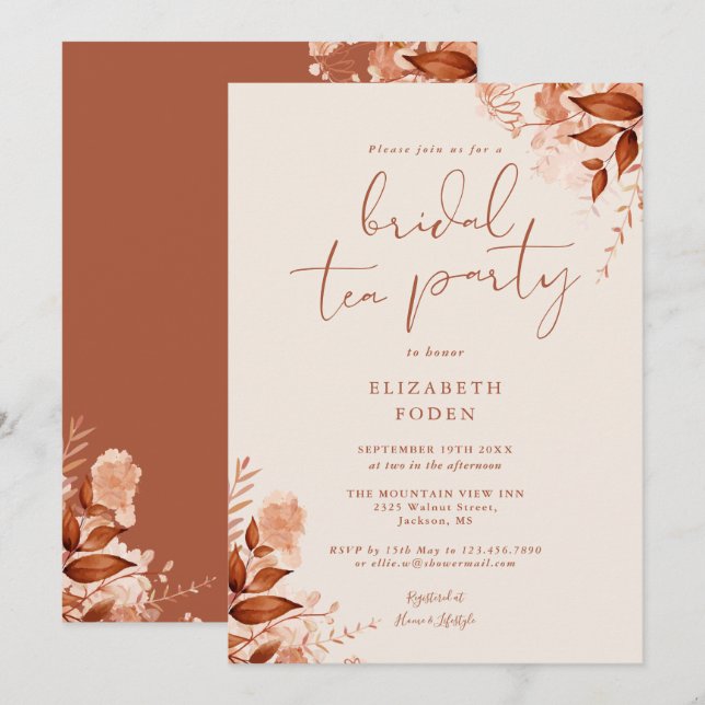 Elegant Rustic Floral Terracotta Bridal Tea Party Invitation (Front/Back)