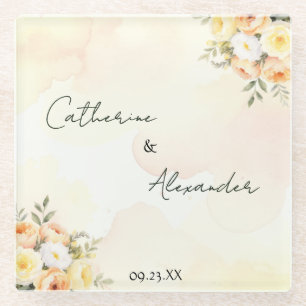 Elegant Rustic Floral Wedding Watercolor Roses Glass Coaster
