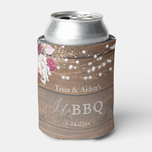 Elegant Rustic Floral Wood I Do BBQ Beer Can Cooler (Can Front)