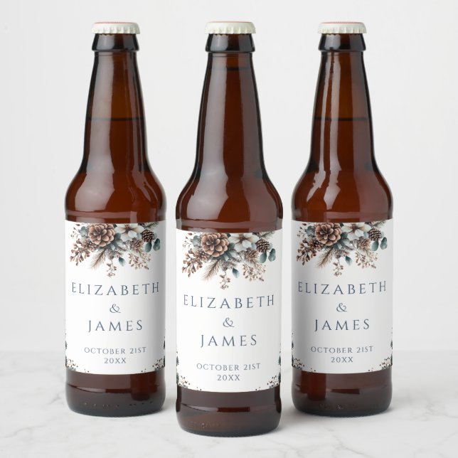 Elegant Rustic Forest Floral Pinecones Wedding Beer Bottle Label (Bottles)