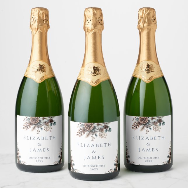 Elegant Rustic Forest Floral Pinecones Wedding Sparkling Wine Label (Bottles)