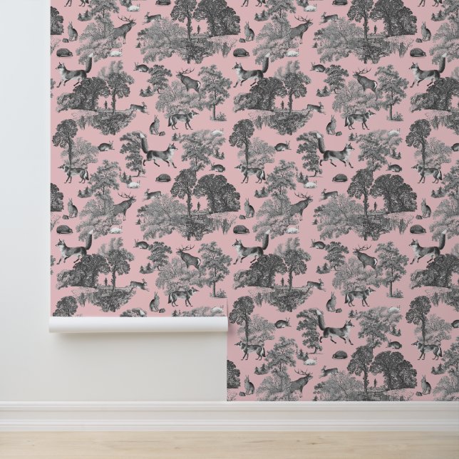 Elegant Rustic Fox Forest Animals Pink Toile Wallpaper (Application)