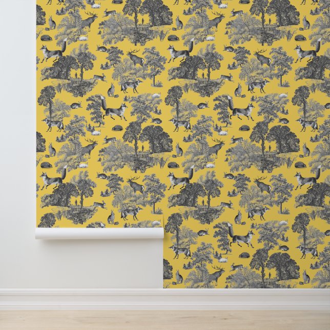 Elegant Rustic Fox Forest Animals Yellow Toile Wallpaper (Application)