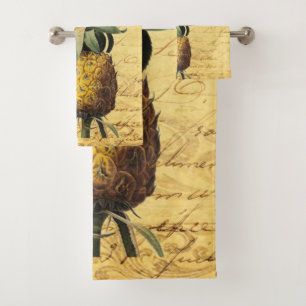 Elegant Rustic French Calligraphy Pineapple Bath Towel Set