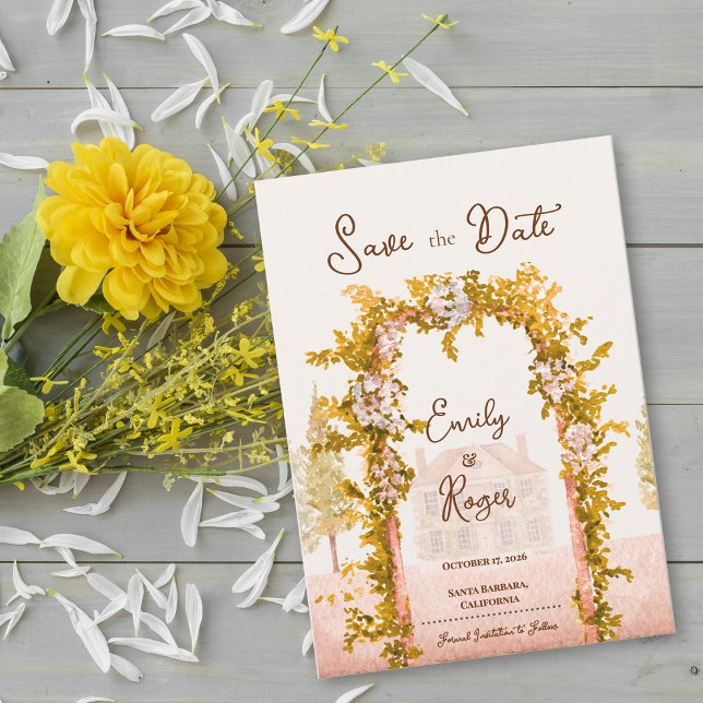 Elegant Rustic Garden Arch Wedding Save the Date Announcement (Elegant Watercolor Garden Arch Save the Date Rustic Countryside Wedding Save the Date Card)