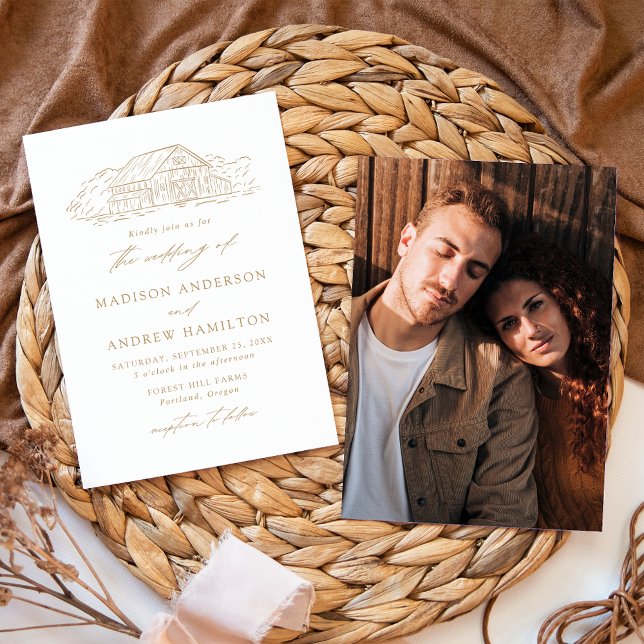 Elegant Rustic Gold Barn Photo Wedding Invitation (Creator Uploaded)