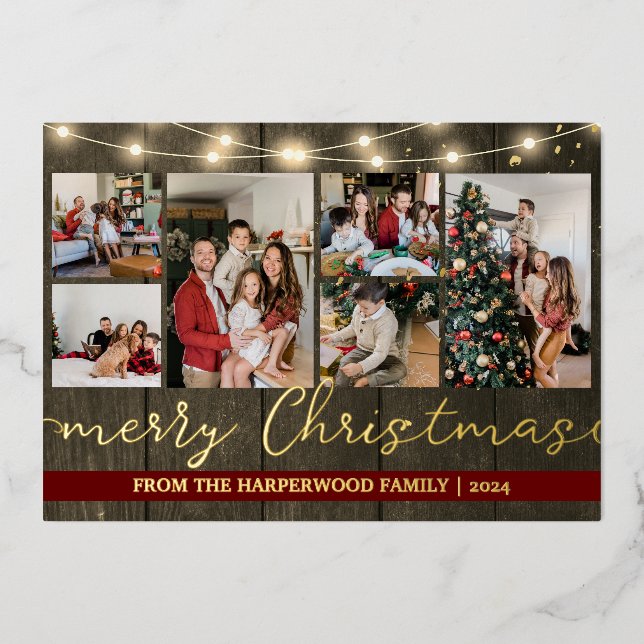 Elegant Rustic Gold Christmas Family Photo Collage Foil Holiday Card (Front)