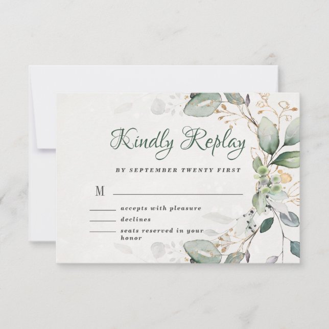 Elegant Rustic Gold Greenery Eucalyptus Modern RSVP Card (Front)