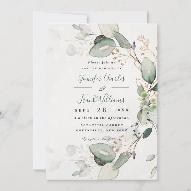 Elegant Rustic Gold Greenery Eucalyptus Wedding Invitation (Front)