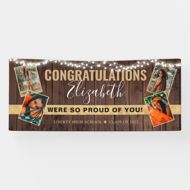 Elegant Rustic Gold Photo Collage Graduation Banner (Horizontal)