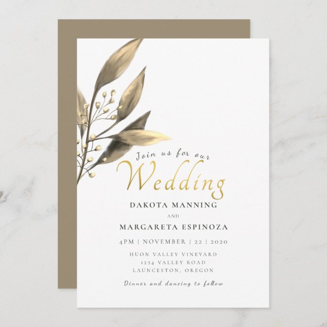Elegant rustic gold script brown leaf wedding invitation (Front/Back)