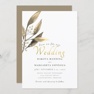 Elegant rustic gold script brown leaf wedding invitation
