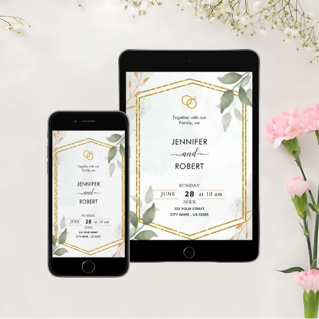 Elegant Rustic Greenery Gold Glitter Wedding  Invitation (Capture the rustic elegance of your special day with our enchanting Rustic Greenery Wedding Invite.)