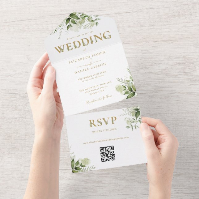 Elegant Rustic Greenery Gold QR Code Wedding All In One Invitation (Tearaway)