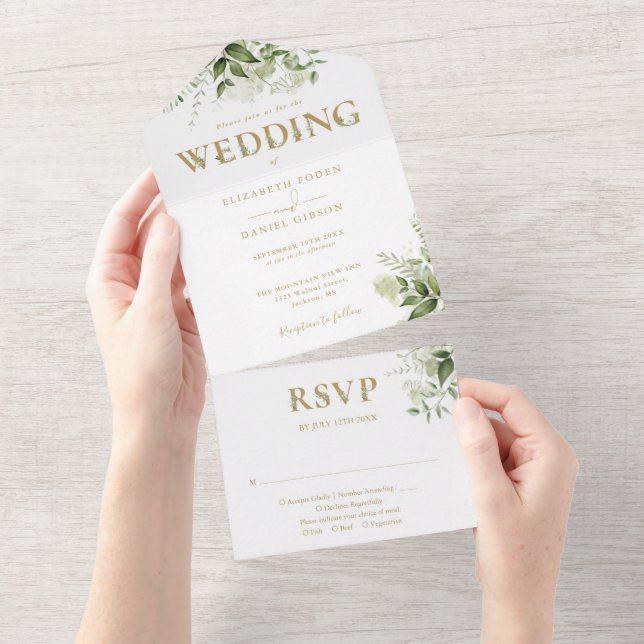 Elegant Rustic Greenery Gold Typography Wedding All In One Invitation (Tearaway)