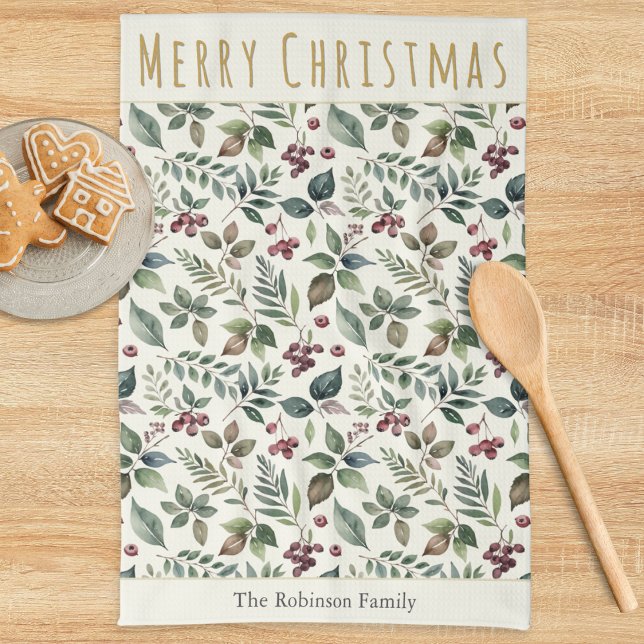 Elegant Rustic Greenery Personalised Christmas Tea Towel (A festive kitchen towel with 'Merry Christmas' greeting, greenery, red berries and custom text)