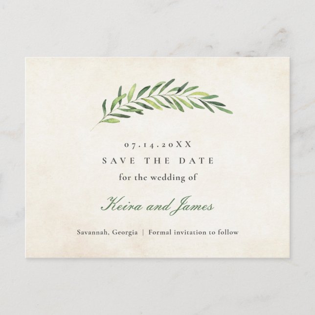Elegant Rustic Greenery Save the Date Announcement Postcard (Front)