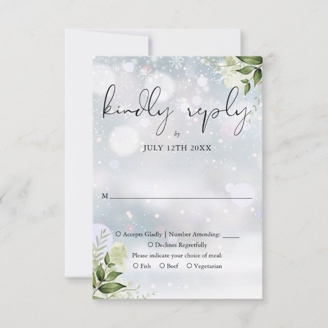 Elegant Rustic Greenery Winter Wedding RSVP Card (Front)