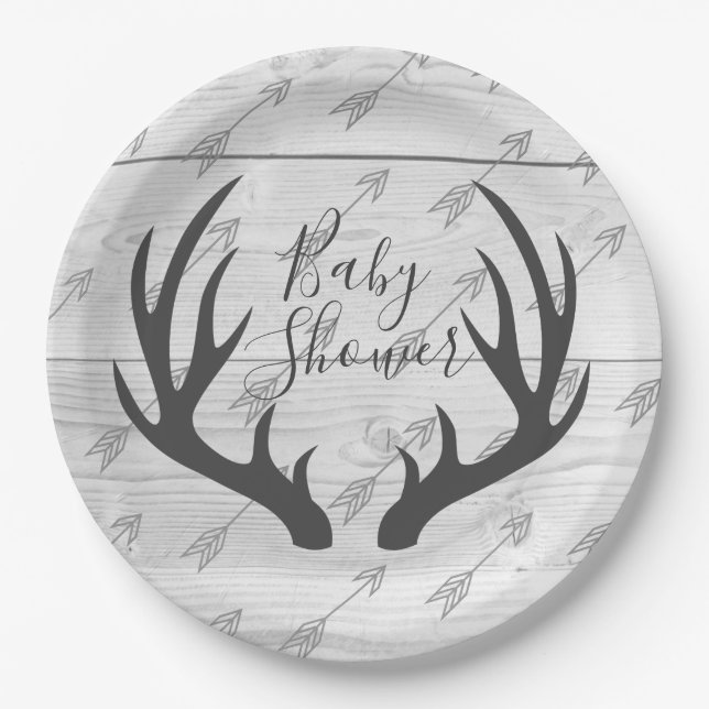 Elegant Rustic Grey Antlers & White Wood Paper Plate (Front)