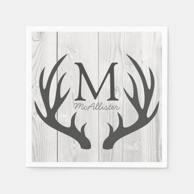 Elegant Rustic Grey Deer Antlers White Faux Wood Napkin (Front)
