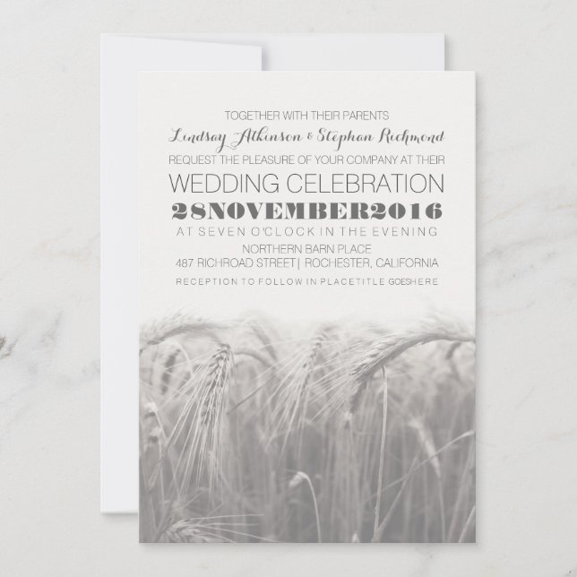 Elegant rustic grey white wheat wedding invitation (Front)