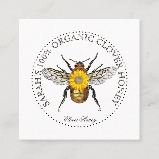 Elegant Rustic Honey Bee Flower Square Business Card (Front)