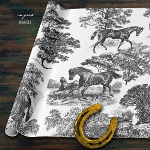 Elegant Rustic Horses Black White Toile Wrapping Paper