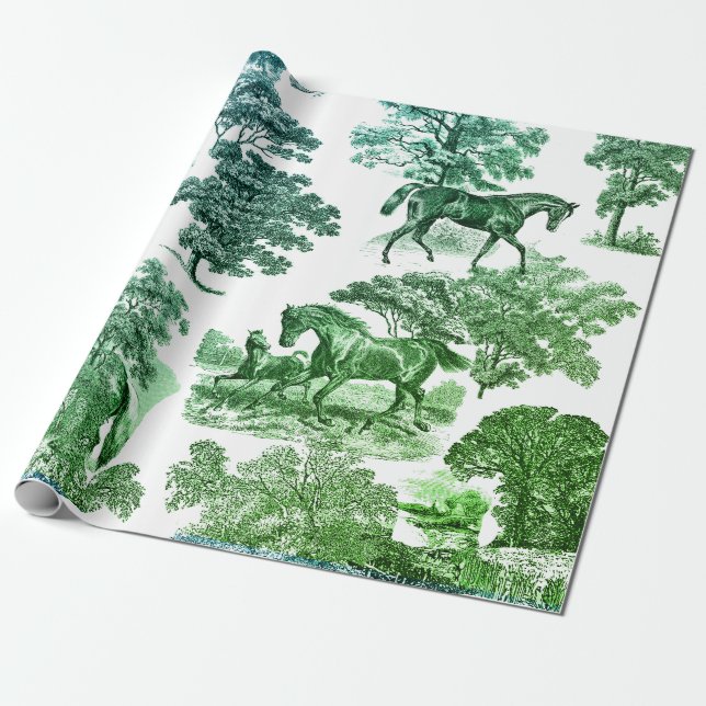 Elegant Rustic Horses Blue Green Toile Wrapping Paper (Unrolled)