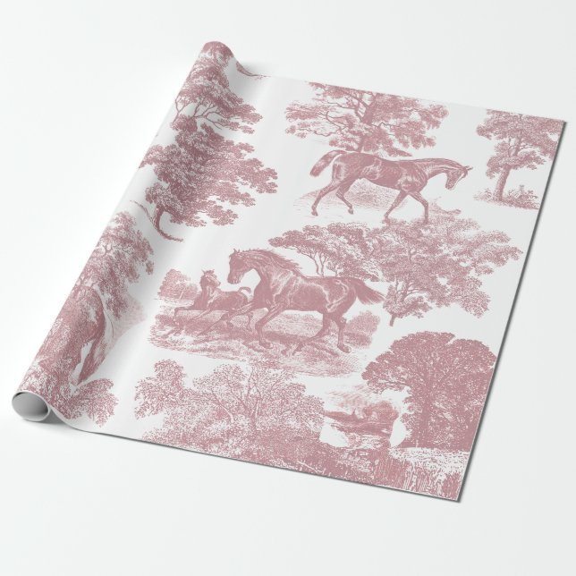 Elegant Rustic Horses Pink White Toile Seamless Wrapping Paper (Unrolled)