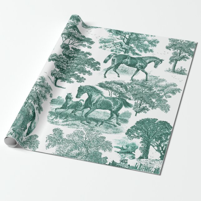 Elegant Rustic Horses Sage Green Toile Wrapping Paper (Unrolled)