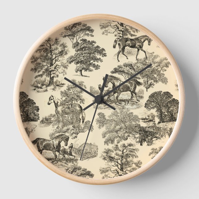 Elegant Rustic Horses Trees Beige Tan Toile  Clock (Front)