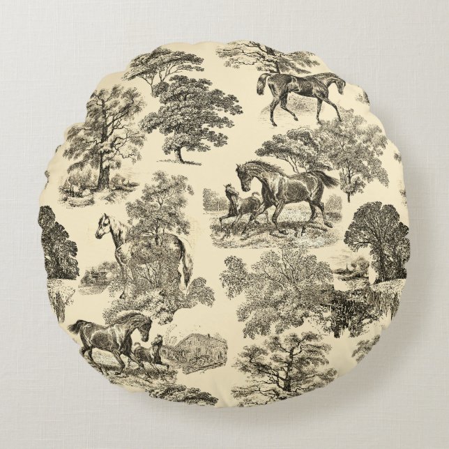 Elegant Rustic Horses Trees Beige Tan Toile  Round Cushion (Front)